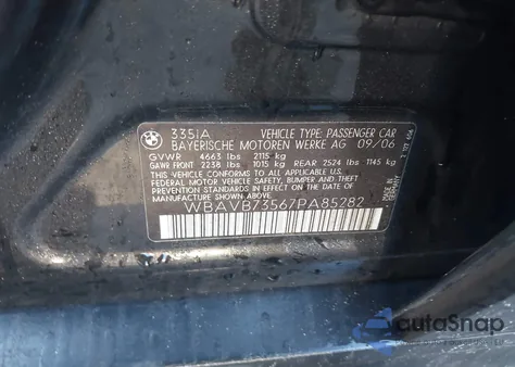 2007 BMW 335I z USA, uszkodzony, nr VIN WBAVB73567PA85282